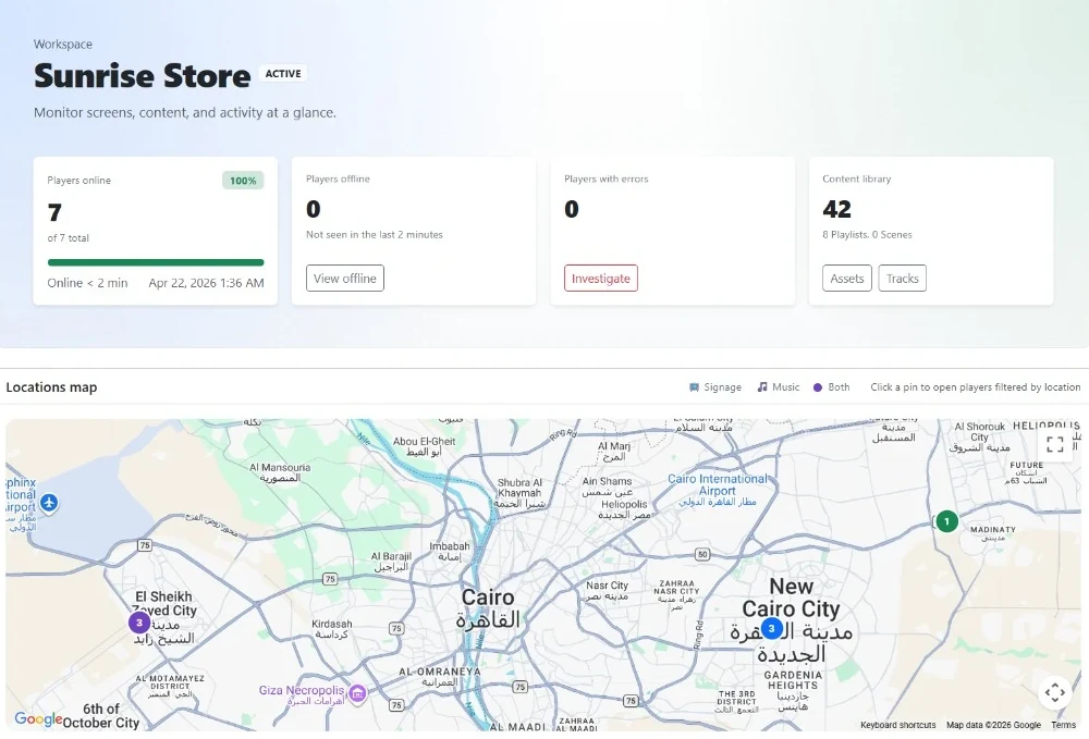 Genix workspace overview for signage and music operations
